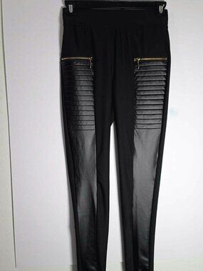 NWT Flamingals Black Faux Leather Moto Leggings, Gold Zipper, Pockets, Womens M